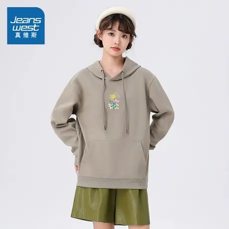 XC真维斯女装2025新款 创意印花宽松秋款时尚连帽卫衣红色新年服商品大图