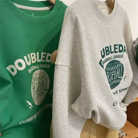 复古圆领做旧印花卫衣女薄款2023春秋季新款韩版宽松百搭套头上衣商品大图