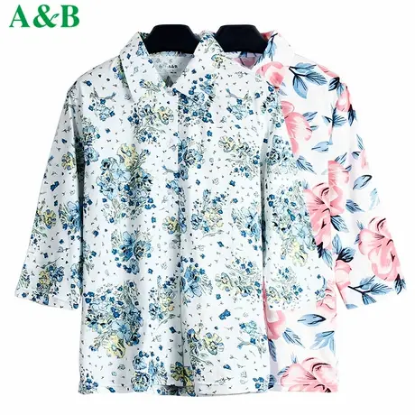 ab家居服中老年纯棉7分袖开衫宽松柔软妈妈衫衬衫领奶奶老太衫商品大图