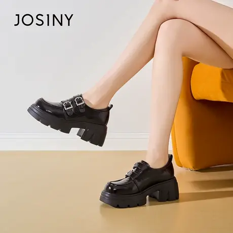 Josiny/卓诗尼秋季2025黑色粗跟乐福鞋浅口单鞋厚底英伦风小皮鞋商品大图