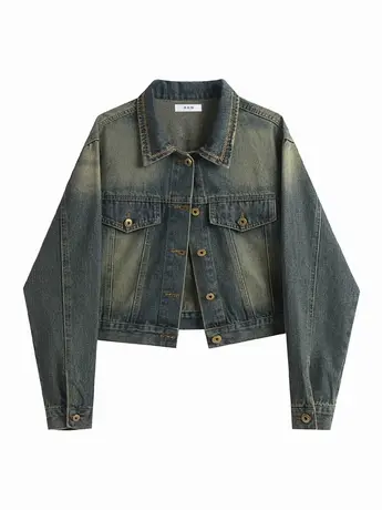 复古做旧黄泥牛仔外套女短款秋冬美式复古百搭上衣宽松小个子夹克商品大图