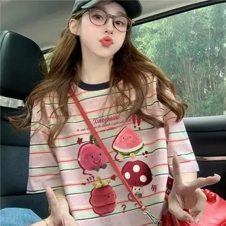 粉色条纹短袖t恤女2025新款夏季设计感印花韩系正肩宽松撞色上衣商品大图