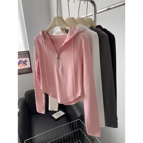 小个子短款抽绳连帽卫衣女秋装百搭韩版修身半拉链设计感小众上衣商品大图