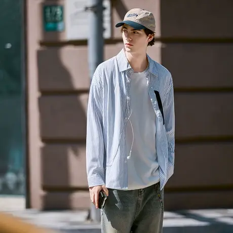 唐狮春秋季新款条纹衬衫男长袖日系宽松休闲蓝色男衬衣外套tu商品大图