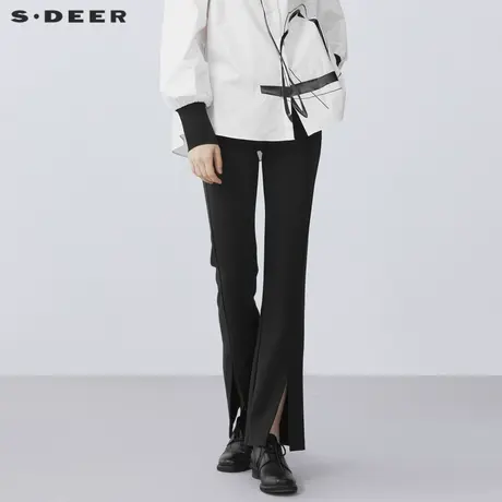 S·DEER圣迪奥女装秋复古时尚高腰修身开衩喇叭黑色长裤S21380805商品大图