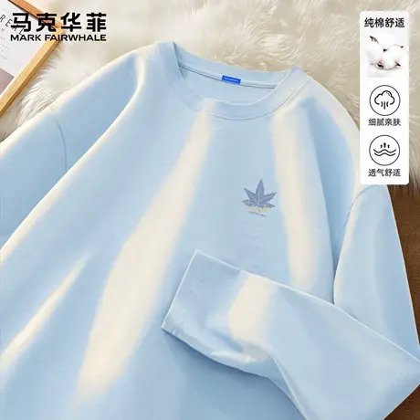 马克华菲纯棉长袖t恤男2025新款秋季休闲男装蓝色圆领上衣男款潮X商品大图