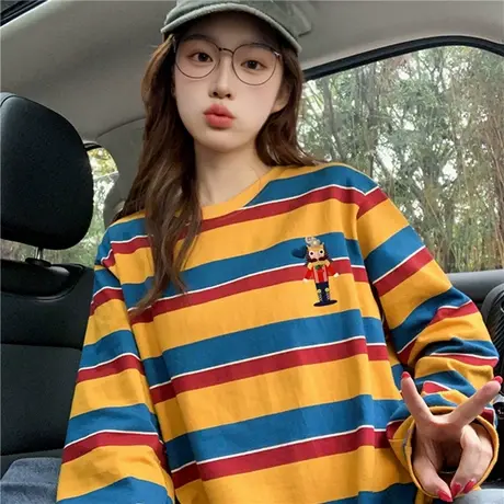 复古彩色印花长袖t恤女2025新款秋美式学院风设计感潮牌内搭上衣商品大图