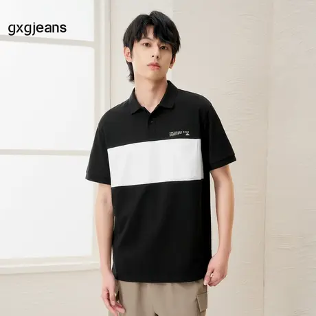 gxgjeans男装 2024年夏季新款黑白撞色英文印花翻领短袖POLO衫男商品大图