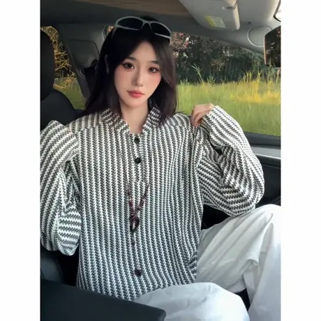 小香风亨利领长袖t恤男秋季美式重磅鱼骨条纹提花针织Polo衫卫衣商品大图