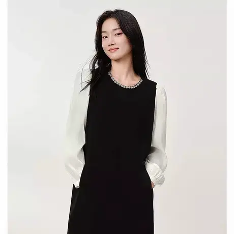 爵莱菲大码优雅千金风拼接连衣裙小黑裙女2025秋季新款胖mm商品大图