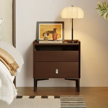 顾家家居中古风胡桃木色双抽储物斗柜卧室收纳储物床头柜8052GW商品大图