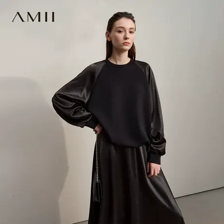 Amii2025秋极简设计感空气层拼接缎面超宽松微弹插肩袖卫衣女商品大图