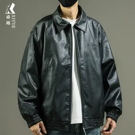 美式复古翻领皮衣男士夹克外套2023秋季宽松大码纯色PU皮男外衣潮图片