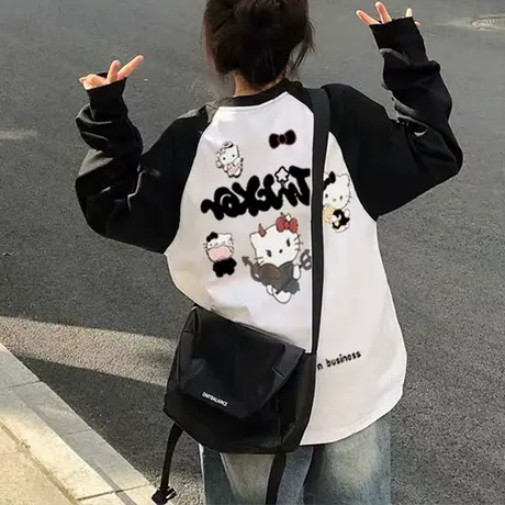 100%纯棉春秋季新款拼接可爱卡通长袖t恤女宽松学院风插肩上衣服图片