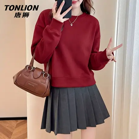 唐狮官方红色卫衣女2026新款春季短款宽松大码套头外套圆领上衣VC图片