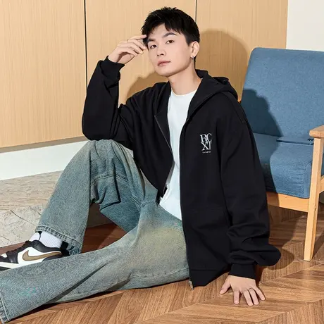 唐狮春秋季新款连帽开衫卫衣男士美式日常休闲黑色上衣外套潮TD商品大图