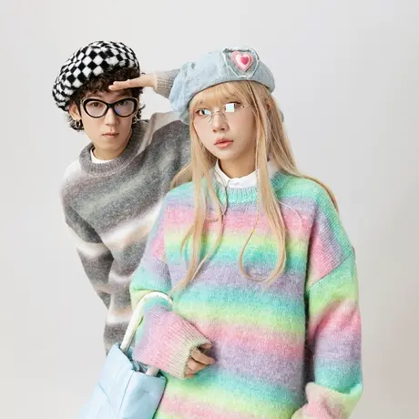 套头圆领条纹毛衣女秋冬2023新款设计感情侣装上衣复古宽松针织衫商品大图