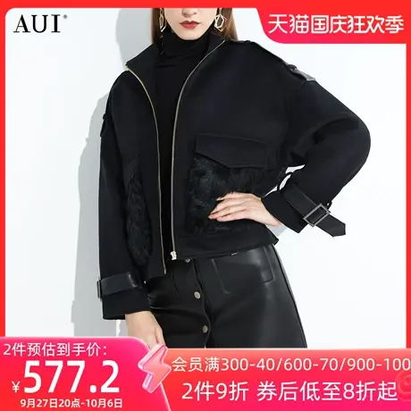 AUI黑色御姐气质短款毛呢外套女2022秋冬新款宽松休闲呢子大衣厚商品大图
