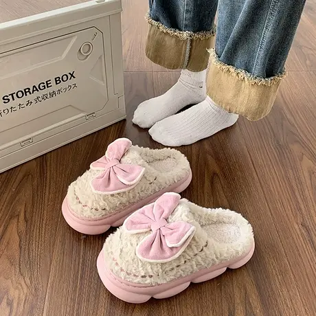 厚底棉拖鞋女秋冬季时尚蝴蝶结高跟拖鞋冬居家保暖月子鞋软底防滑商品大图