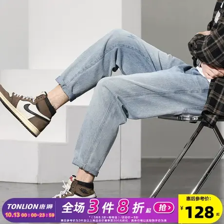 唐狮春季新款男牛仔裤宽松直筒长裤男显瘦浅色潮牌休闲裤子TG商品大图