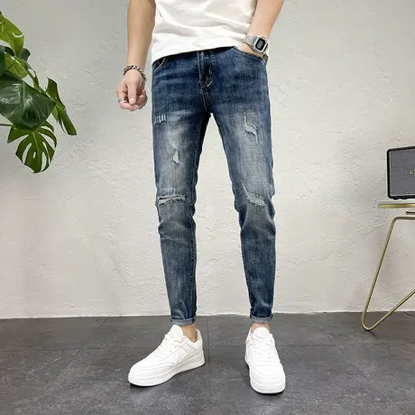 牛仔裤2023新款男秋季休闲裤子潮流前卫做旧刮烂破洞蓝色男款长裤商品大图