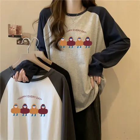 拼接撞色插肩袖T恤女秋冬季德绒宽松内搭打底衫加绒加厚长袖上衣商品大图