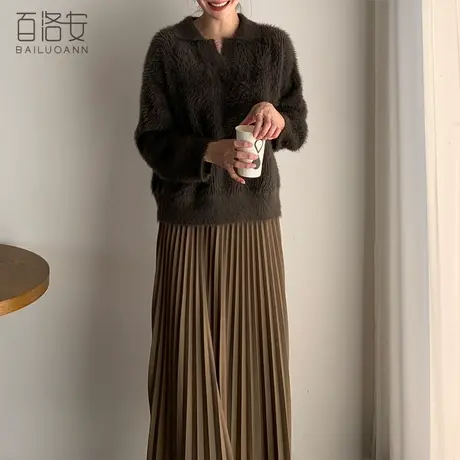百洛安慵懒风宽松软糯套头毛衣秋冬新款设计感小众复古翻领针织衫图片