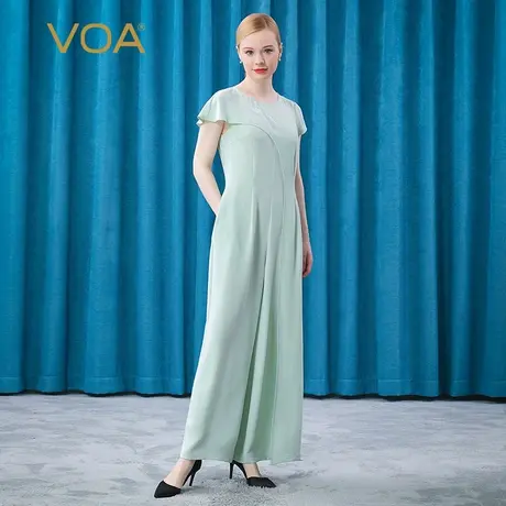 VOA30姆米真丝重磅包袖圆领不对称荷叶边宽松阔腿桑蚕丝连体裤图片