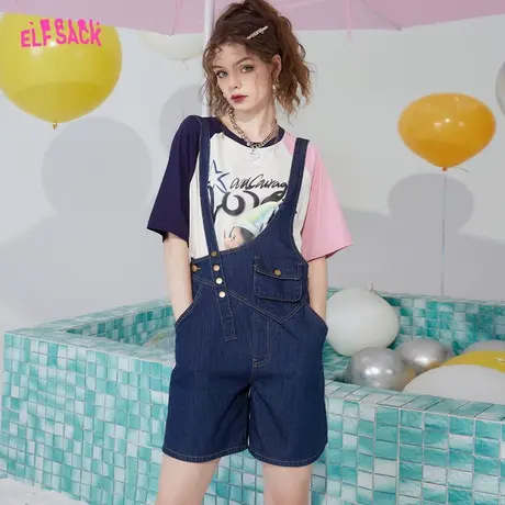 妖精的口袋牛仔背带裤女2023夏季新款小个子高腰直筒显瘦休闲短裤图片