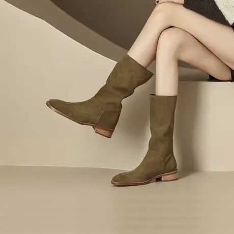 靴子女百搭牛翻皮短靴秋冬季新款加绒女靴舒适圆头粗跟鞋中筒靴女商品大图