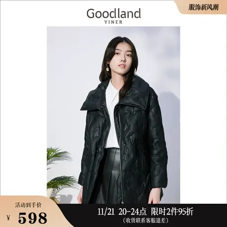 Goodland美地女装冬季翻领保暖白鸭绒外套赫本风气质羽绒服商品大图