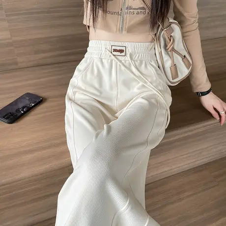 白色休闲阔腿裤女春秋季新款垂感宽松显瘦直筒慵懒风窄版拖地长裤商品大图