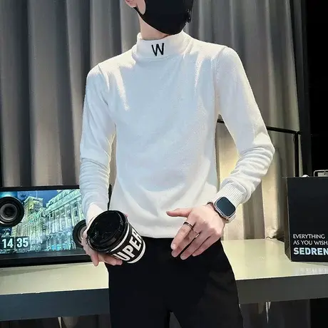 针织打底衫男秋冬新款纯色半高领毛衣ins小众高级感修身打底线衣商品大图