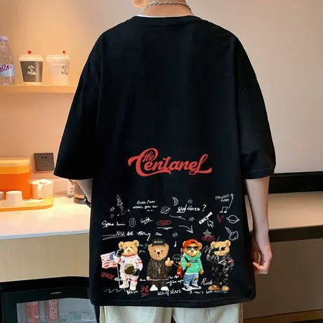 夏季纯棉短袖t恤男ins潮牌小熊美式体恤圆领打底衫港风半袖上衣服商品大图