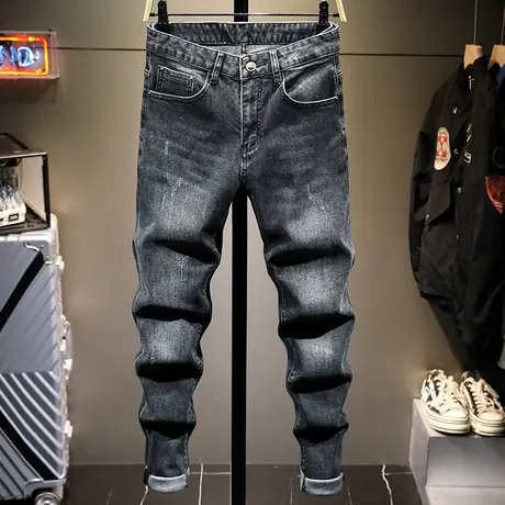 香港潮牌秋季黑色牛仔裤男修身小脚潮牌高端弹力休闲长裤子男高档图片