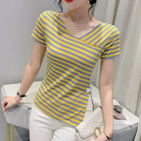开叉条纹T恤女短袖欧货别致不规则体恤设计感小众洋气上衣小衫ins商品大图
