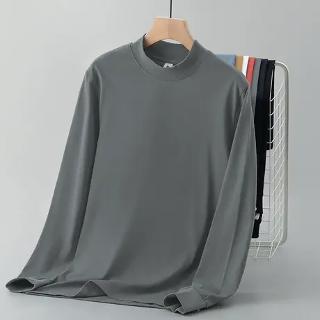 240g重磅纯棉长袖t恤男装2024新款半高领内搭中领打底衫纯色秋衣商品大图