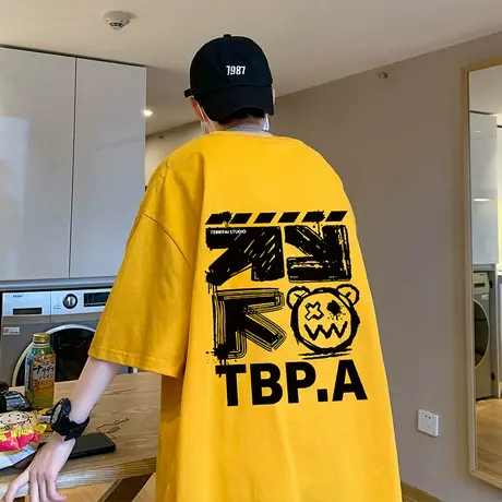 涂鸦小熊潮牌t恤男短袖2024新款夏季纯棉体恤半截袖情侣宽松上衣商品大图