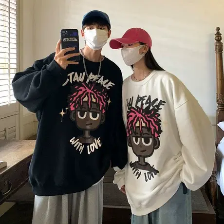 印花嘻哈美式卫衣男ins潮牌春秋季宽松无帽长袖情侣装圆领打底衫商品大图