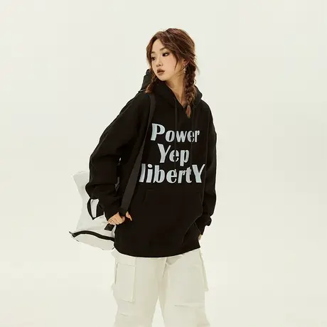 YEP字母印花黑色连帽卫衣女春秋2024年新款复古潮牌宽松长袖上衣图片
