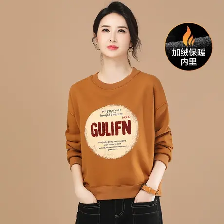 韩朝袭人圆领字母绣花加绒卫衣女2023冬季新款休闲显瘦设计感上衣图片