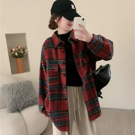 加厚复古磨毛格子衬衫外套女秋冬2023新款韩版宽松慵懒风百搭上衣图片