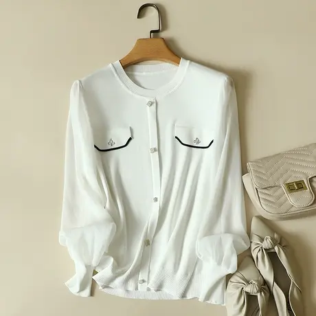 雪纺袖冰丝针织假开衫女春装2024年新款宽松上衣洋气蕾丝打底衫女图片