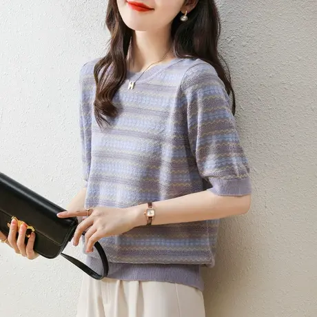 宽松显瘦短袖条纹薄款t恤2023韩版新款夏季女士针织衫圆领上衣商品大图