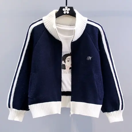 撞色拉链棒球服毛衣外套女秋冬2023新款宽松气质时尚休闲针织开衫商品大图