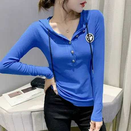 克莱因蓝连帽卫衣女春秋2024新款欧货休闲长袖上衣洋气百搭打底衫商品大图