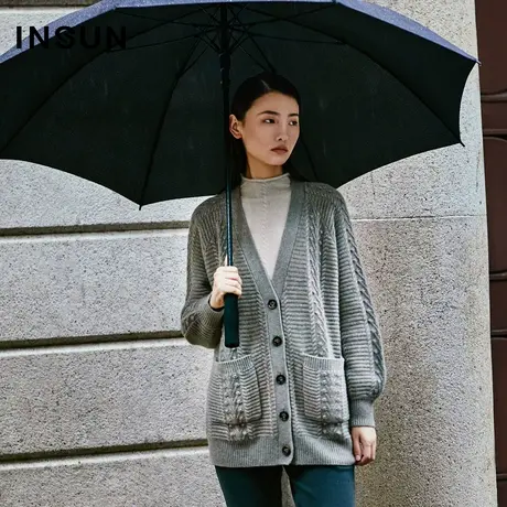 INSUN恩裳冬季复古直筒羊绒毛针织衫开衫商品大图