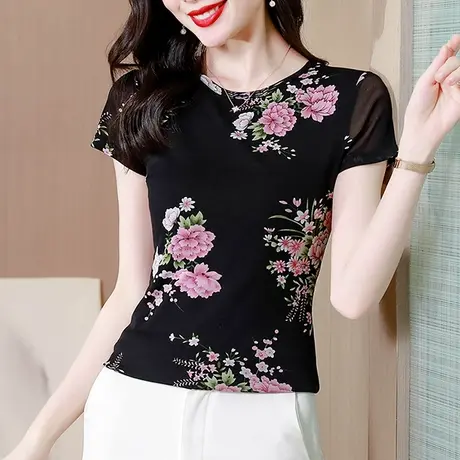 性感漂亮短袖T恤女士夏装复古气质网纱上衣时尚减龄修身妈妈小衫图片