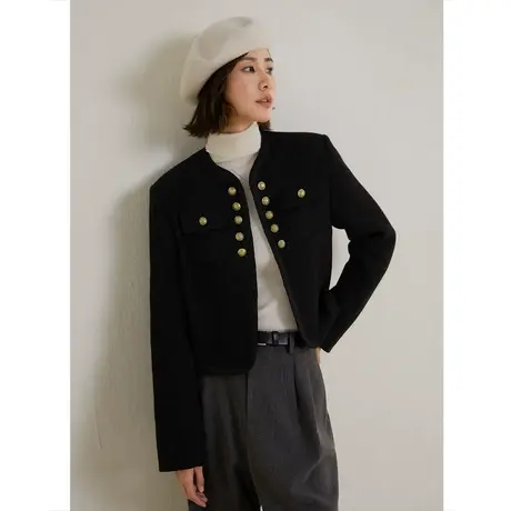 弥古黑色小香风羊毛针织毛呢外套女宽松粗花呢大衣高级感秋冬穿搭商品大图