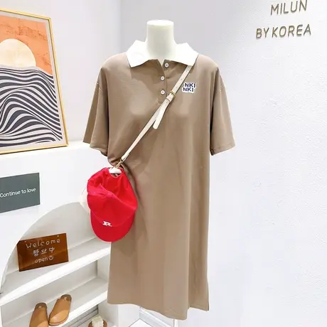 微胖遮肉显瘦连衣裙夏季简约休闲polo领宽松开叉纯棉长款T恤裙子图片